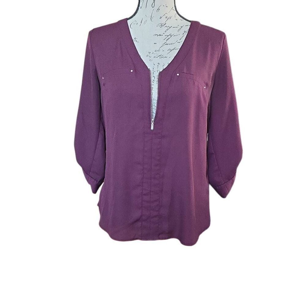 Fortune & Ivy Women's Size Small Burgundy Silver 1/4 Zip Mixed Material Blouse